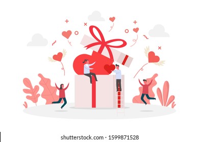 concept of valentine day celebration with tiny people and large gift box with heart inside, vector flat illustration 