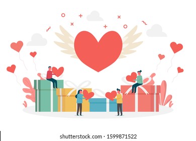 concept of valentine day decoration and celebration with gift boxes and tiny happy people holding heart, vector flat illustration  