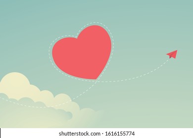 Concept of valentine day  Flat design Red paper plane flying on the sky