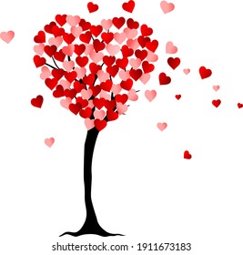 Concept of valentine day, love tree	with hearts. Trasparent background