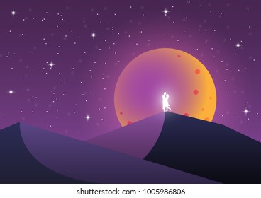 concept valentine day lover honeymoon and romantic and moon sky Mountain
star Galaxy Night and vector and illustration holiday travel