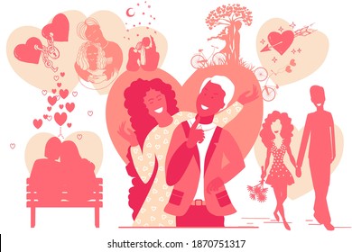 Concept of valentine day, Loving Couple moments, history. First Love, wedding, Hug day, Valentines day, motherhood, family, friendship, teen feeling. Hand drawn vector.