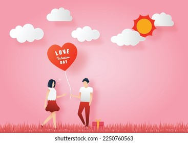 Concept of valentine day. Men give paper hearts to women. Vector paper art illustration. Paper cut and craft style.