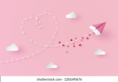 Concept of valentine day with paper plane flying on the sky , Paper art 3d .