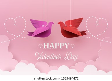 Concept of valentine day with paper plane flying on sky , Paper art  style .