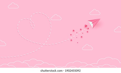 Concept of valentine day with paper plane flying on the sky , Paper art. Line art. Vector illustration. 