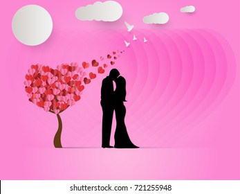 Concept of valentine day. pink color background with a kissing couple silhouette under a love tree in the spring season. with cloud on sky and sun. paper art style.
