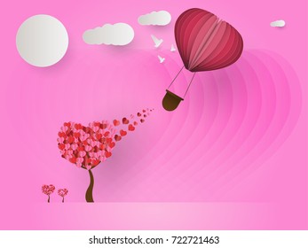 Concept of valentine day. pink color background with balloon flying over  paper hearts tree in the spring season. paper art style.
