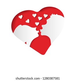 Concept of valentine day .Red heart, love.  kiss of two lovers. Paper art and craft style. silhouette of man and woman. Vector illustration