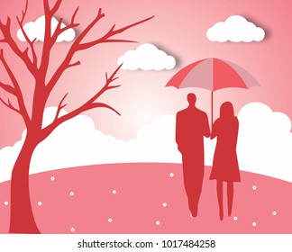 Concept of valentine day , two enamored under a love tree in the spring season,paper art and origami style
