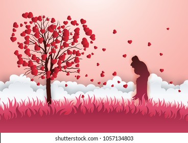 Concept of valentine day , two enamored under a love tree in the spring season,paper art and craft style.