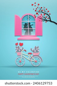 Concepto de Día de San Valentín , dos encantados bajo la ventana de la casa en la temporada de primavera con bicicleta afuera, creativa ilustración vectorial.