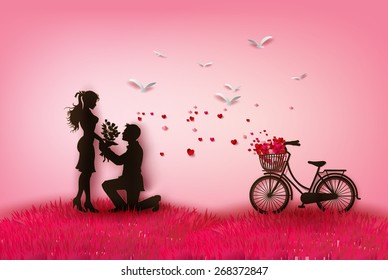 Concept of valentine day , two enamored couple silhouette with hearts in the spring season, paper art  and craft style.