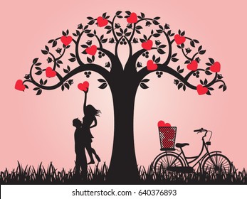 Concept of valentine day , two enamored beside the bicycle and tree with pink background,paper art and craft style.