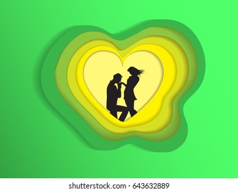 Concept of valentine day , two enamored in heart with green and yellow background,paper art and craft style.