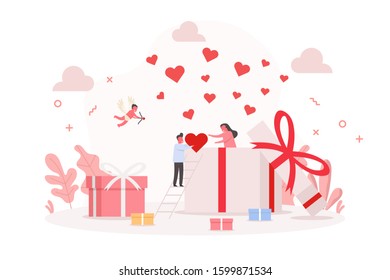 concept of valentine day with woman inside big gift and man give heart to her helped by little cupid, vector flat illustration  