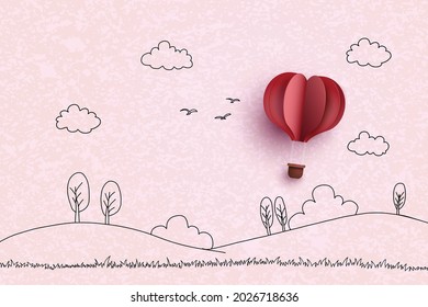 Concept of valentine and Love ,Hot air balloon in a heart shape on sky. Hand drawing and papercut.