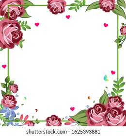 concept of Valentine's day background. Happy Valentines Day greeting card with pink and red roses with green square frame. 
