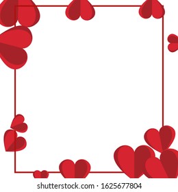 concept of Valentine's day background. Happy Valentines Day greeting card with red hearts with red square frame. 
