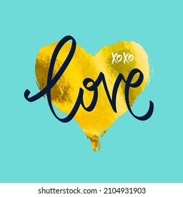 Concept of Valentines day calligraphy gift card. Xo Xo. Gold heart. Hand drawn design elements for celebration and season decoration, cover, poster, banner. Vector handwritten modern brush lettering.