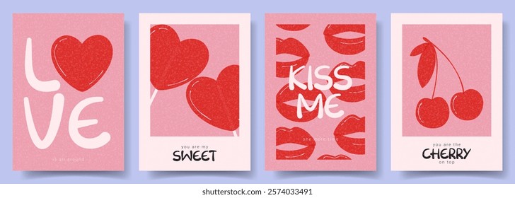 Concept of Valentine's Day cards. Trendy vector minimalist posters with typography design, heart, cherries, lips, lollipop for Valentine's Day party, banner, ads, branding, cover, sale, social media.