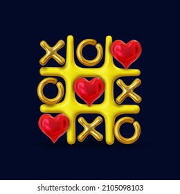 Concept of Valentines day gift card. Tic-tac-toe game. Background for the symbol of love. Xoxo. Red heart. Golden design elements for celebration and season decoration, cover, poster, banner. Vector.