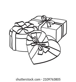 The concept of Valentine's day, gifts in different boxes, in the form of a heart, with a bow. Sketch. Vector illustration.