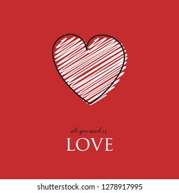 Concept of Valentine's Day greeting card with hand drawn heart. Vector
