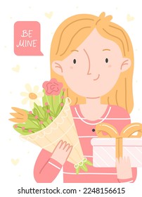 The concept of a Valentine's Day greeting card. A girl with a bouquet and a gift and lettering be mine. Cute vector illustration.