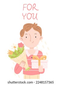 The concept of a Valentine's Day greeting card. A boy with a bouquet and a gift and lettering for you. Cute vector illustration.