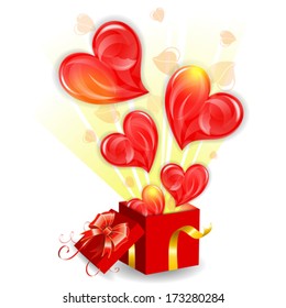 Concept for Valentine's Day with Hearts, taking off from gift box with Bow, vector isolated on white background