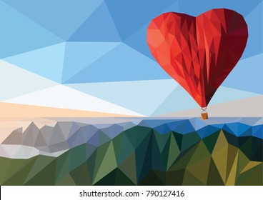 Concept of valentines day. Hot air balloon in a heart shape. Low poly illustration.
