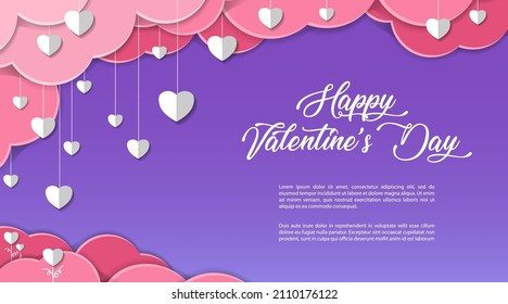 The concept of Valentine's Day. An invitation, a greeting card or a banner with pink clouds and hearts. Lots of hearts, flowers of love. Purple fashionable background, white text