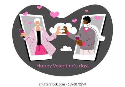 A concept of Valentines day online date. Vector illustration of happy gay couple communicating via smartphone mobile app. An internet dating application. Long distance lockdown romantic relationship.