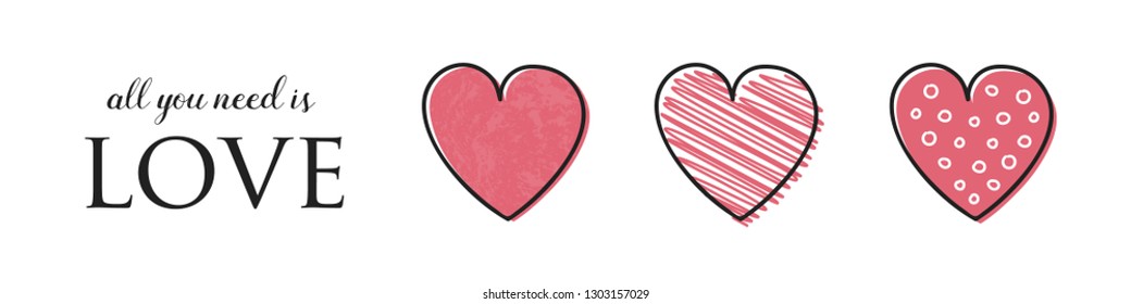 Concept of Valentine's Day panoramic header with hand drawn hearts. Vector