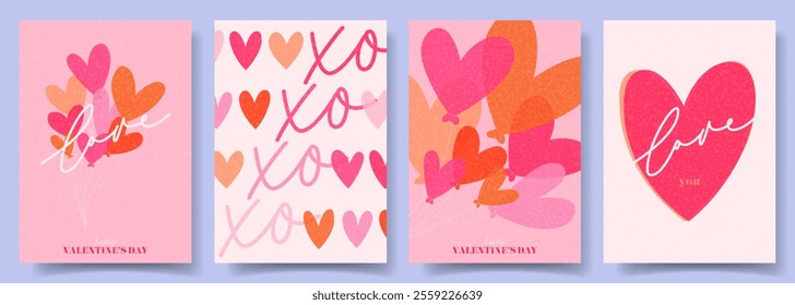 Concept Valentine's Day posters. Trendy vector minimalist posters with typography design, colorful hearts balloon for Valentine's Day party, banner, card, ads, branding, cover, sale, social media.