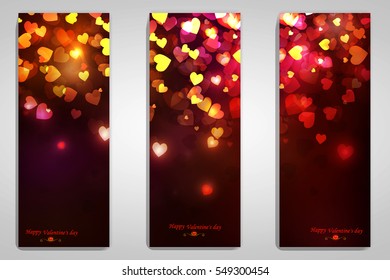 The concept of Valentine's Day . Set of beautiful romantic banners.  The design of  banners with colorful, Flying, Shiny hearts, bokeh, bright background. Vector illustration.