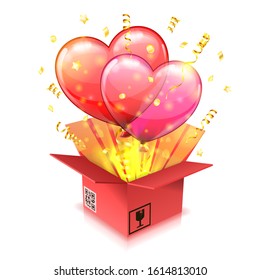 Concept for Valentines Day with transparent Balloon in form Hearts, taking off from gift box with streamers and confetti. isolated vector illustration