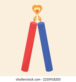 Concept for Valentine's Day. Two candles with heart. Vector illustration. Couple candles in love
