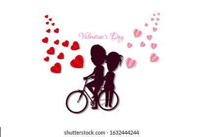 The concept of Valentine's Day, two captivated riding a bicycle, paper art and craft style.