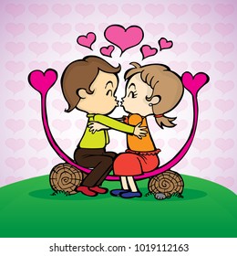 Concept of valentine's day, two enamored love in the spring season. heart background.