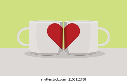 Concept Of Valentine's Day Vector Illustration, Couple Mug With Heart Symbol On Grey And Green Solid Background, Realistic Couple Mug Illustration