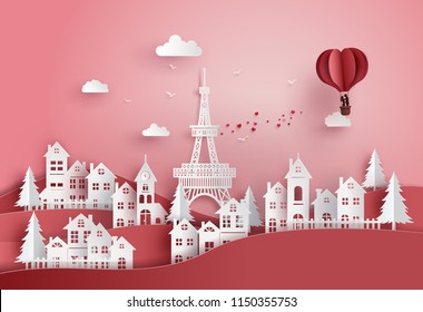 concept of valentine's day and wedding ,couple in love hugging in a basket of heart hot air balloon fly over the village, paper art and digital craft.