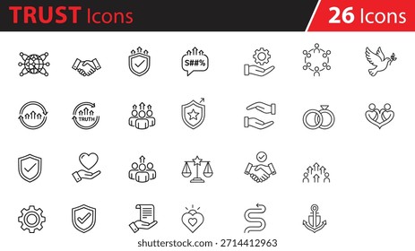 Concept and Value Icon Set, Trust, Growth, Protection, Collaboration, Love, Support, Justice, Direction, Heart, Shield, Anchor, Vector Line Icons for Web, App, UI, UX, Infographic, Presentation