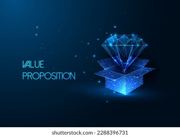 Concept of Value proposition in futuristic glowing low polygonal style with open box and diamond on dark blue background. Modern abstract connection design vector illustration.