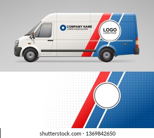 Concept of Van branding identity stripes wrap design. Mockup Template for Branding and Corporate identity design of red and blue colors on Cargo Van. Realistic transport mock up and livery design