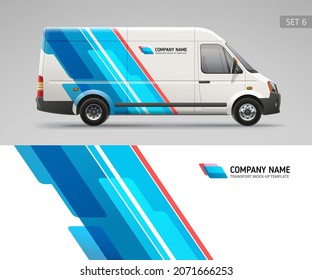 Concepto de la vista lateral de Van Diseño de franjas de identidad de marca simulada. Diseño de identidad corporativa de colores rojo y azul en Cargo Van. Burla de transporte realista y diseño liviano