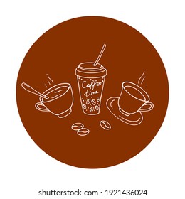 Concept of various cups of coffee. Drawn in white outline on a round coffee-colored background. Design for menus, cafes, greeting cards, posters, banners, printable invitations. Vector.