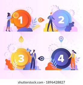 The concept of various options, steps or processes. Buttons with numbers indicated on them and people standing next to them. For workflow layout, diagram, presentation. Flat vector illustration.