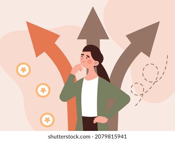 Concept of various paths. Girl looking for solution to problem, internal difficulties. Person chooses between several ways. Pensive character, meditation, mind. Cartoon flat vector illustration